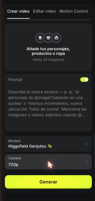 Prompt activado y menú de calidad abierto